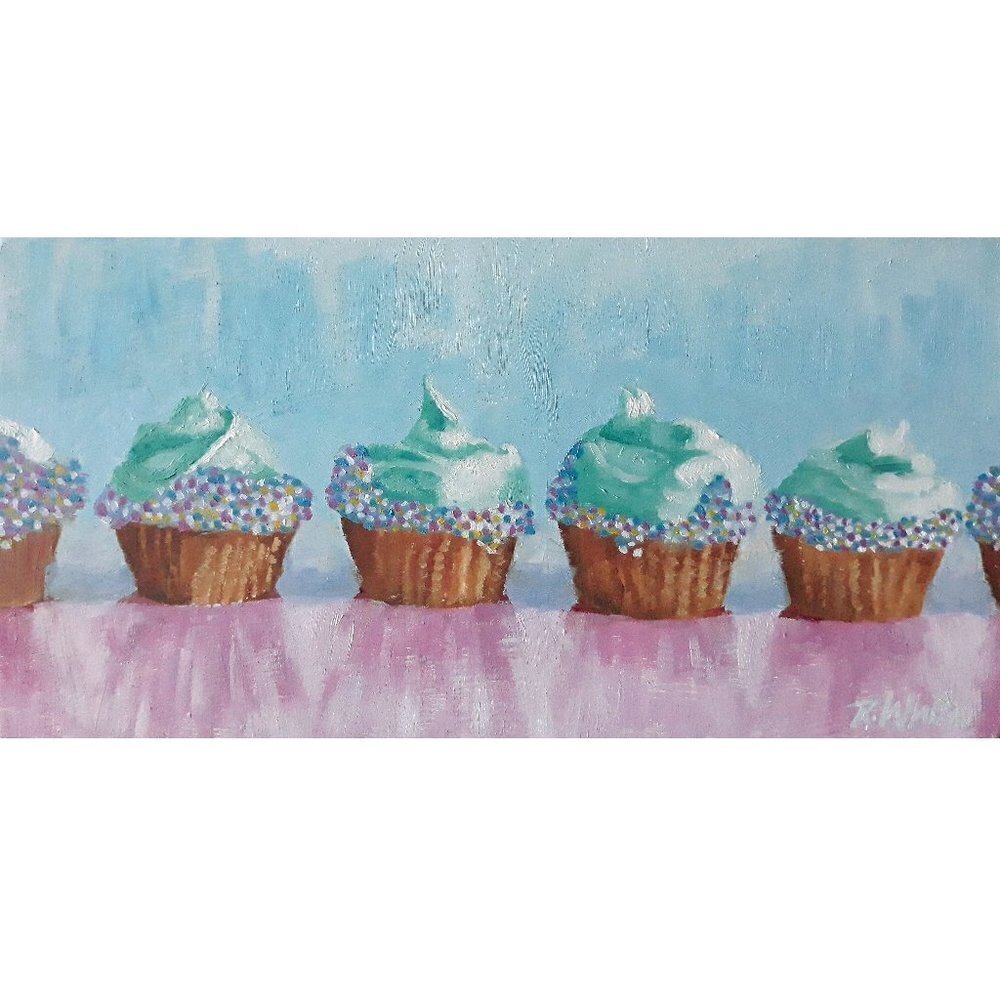 "Cupcakes" Original Oil Painting on Cradled wood panel 12 x 6" by Robin White